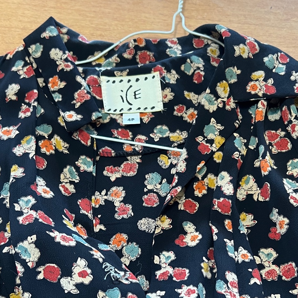 Ice Floral Print Navy dress with Red, Yellow, Orange, Teal Accents 100 % rayon